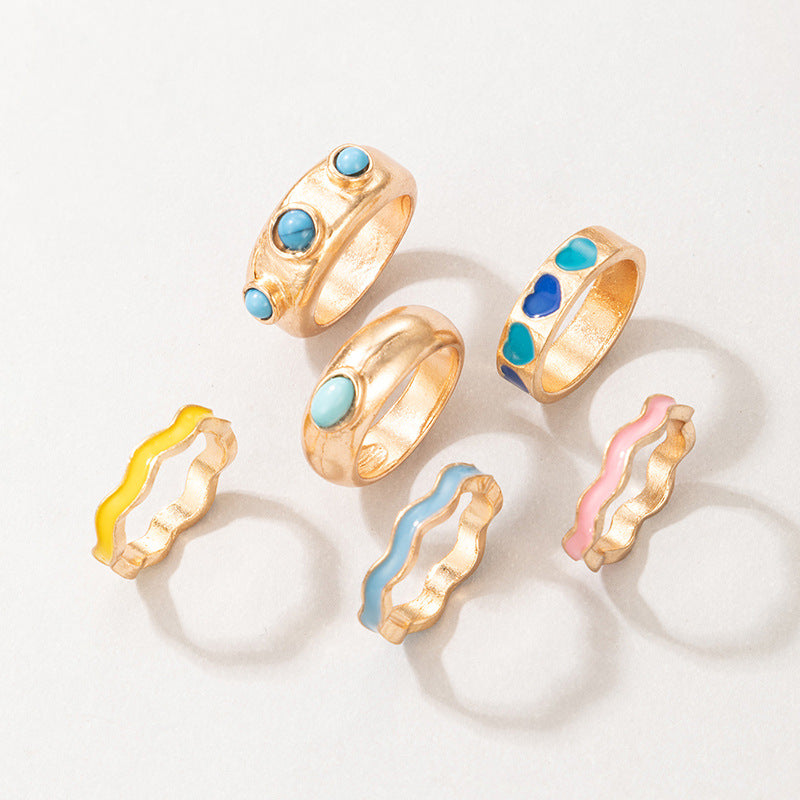 Juego de 6 anillos de aleación de corazón colorido al por mayor